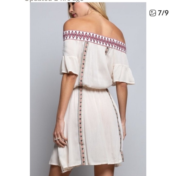 POL Off-Shoulder Cream Mini Dress with Red Accents - Picture 3 of 5